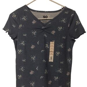 SO Girls XL 14/16 Floral Ribbed Tee Blue V-Neck Short Sleeve NWT